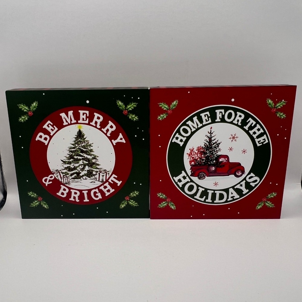 Christmas Block Sign Set of 2 Be Merry Home for the Holidays Red Truck Plaid
